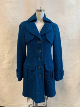 NANETTE LEPORE, Teal Blue, Wool, Polyamide, Solid, Boucle, Button Front, Teal Blue Buttons Attached with Velvet Ribbon, Collar Attached, Notched Lapel, 2 Pockets, Storm Faps, Long Sleeves, Tab Belted Cuff, Tab Back Waist Belt