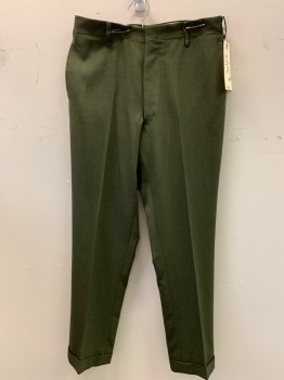 N/L, Moss Green, Polyester, Wool, Solid, Flat Front, 4 Pockets, Cuffed,