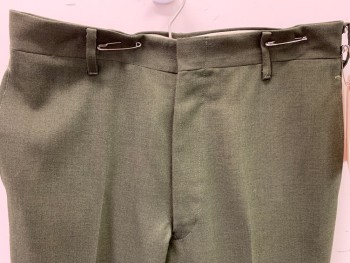 N/L, Moss Green, Polyester, Wool, Solid, Flat Front, 4 Pockets, Cuffed,