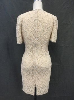 Womens, Cocktail Dress, STENAY, Cream, White, Rayon, Beaded, Floral, W 26, B 34, Sheer Floral Netting with White/Silver Beading, Silver Beading Trim, Short Sleeves, Zip Back, Thin Champagne Lining