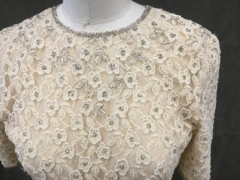 Womens, Cocktail Dress, STENAY, Cream, White, Rayon, Beaded, Floral, W 26, B 34, Sheer Floral Netting with White/Silver Beading, Silver Beading Trim, Short Sleeves, Zip Back, Thin Champagne Lining