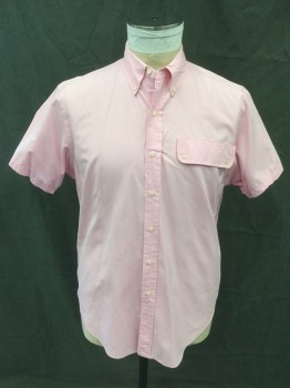 RALPH LAUREN, Lt Pink, Cotton, Solid, Button Front, Collar Attached, Short Sleeves, Faux Flap Pocket, Button Down Collar