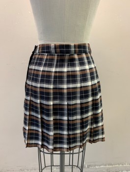 Womens, Skirt, Mini, URBAN OUTFITTERS, Brown, Black, Ecru, Polyester, Rayon, Plaid, XS, Pleated, 1" Wide Self Waistband, Zipper and 1 Button Closure in Back