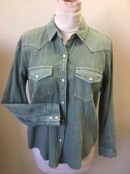 Womens, Shirt, GAP, Olive Green, Cotton, Solid, L, Pearl Snap Front, 2 Pockets, Western Yoke,