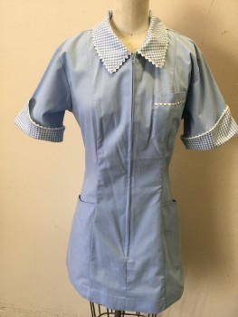 FOX 802, Baby Blue, White, Polyester, Solid, Gingham, (2 of Them) Blue/white Gingham with White Wavy Trim Ribbon Collar Attached, & Short Sleeves Cuffs, Zip Front, 3 Pockets