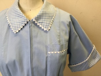 FOX 802, Baby Blue, White, Polyester, Solid, Gingham, (2 of Them) Blue/white Gingham with White Wavy Trim Ribbon Collar Attached, & Short Sleeves Cuffs, Zip Front, 3 Pockets