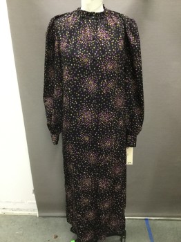 KATE SPADE, Black, Plum Purple, Gold, Green, Magenta Pink, Polyester, Dots, Button Front, Ruffled Elastic Collar, Long Poofy Sleeves, Full Length