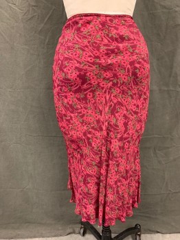 Womens, Skirt, Below Knee, ANGIE, Magenta Pink, Hot Pink, Green, Rayon, Floral, S, Elastic Waistband, Side Seam Slits