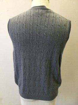Mens, Sweater Vest, BANANA REPUBLIC, Gray, Navy Blue, Cotton, Cable Knit, Stripes, XL, V-neck, Pullover, Gray with  Navy Stripe Trim