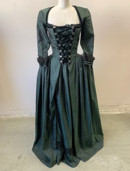 Womens, Historical Fict 2 Piece Dress, N/L MTO, Dk Green, Black, Lt Gray, Polyester, Diamonds, W23-25, B:32, BODICE- Brocade, 3/4 Sleeves, Square Neck, Lace Up Panel at Front, Black Velvet and Black Lace Trim, Silver Ornate Loops for Laces in Front, Made To Order Reproduction