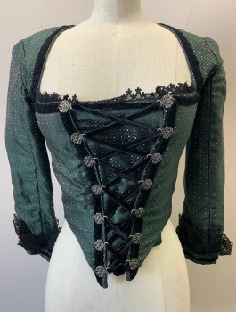 N/L MTO, Dk Green, Black, Lt Gray, Polyester, Diamonds, BODICE- Brocade, 3/4 Sleeves, Square Neck, Lace Up Panel at Front, Black Velvet and Black Lace Trim, Silver Ornate Loops for Laces in Front, Made To Order Reproduction