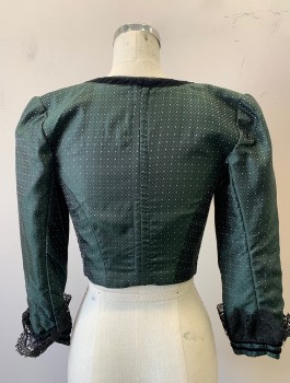 N/L MTO, Dk Green, Black, Lt Gray, Polyester, Diamonds, BODICE- Brocade, 3/4 Sleeves, Square Neck, Lace Up Panel at Front, Black Velvet and Black Lace Trim, Silver Ornate Loops for Laces in Front, Made To Order Reproduction