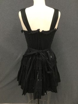 BLACKLIST, Black, Cotton, Spandex, Solid, Goth, Steampunk, Self Stripe, Gathered Cotton Straps, Button Front Placket with Ruffle Trim, Back Zip, Tiered Ruffle with Lace Skirt, Self Attached Belt From Side Front to Tie Back (TV-Alts on Straps, Skirt Tacked Up on Right Side)