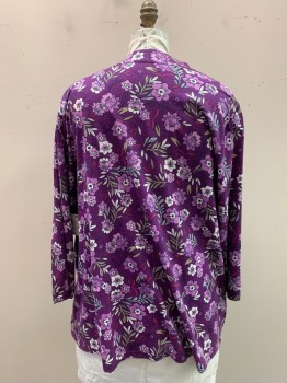 BASIC EDITIONS, Purple, White, Lavender Purple, Black, Magenta Purple, Cotton, Polyester, Floral, Solid, Knit, Solid Purple Scoop Neck Henley with White Panel, Attached Floral Cardigan, Open Front, 3/4 Sleeve, 2 Pockets