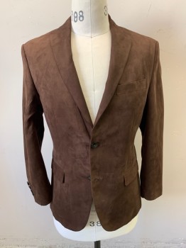 ZARA MAN, Brown, Polyester, Solid, Suede, 2 Buttons, 3 Pockets, Notched Lapel, 4 Button Sleeves, Double Vent