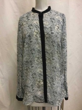 Womens, Blouse, H&M, Gray, White, Black, Beige, Polyester, Floral, 8, Black Trim, Button Front, Long Sleeves,