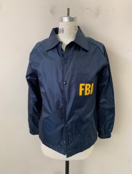 Mens, Fire/Police Jacket, First Class, Navy Blue, Nylon, Solid, Small, Button Front, Snap Buttons, Squib Holes Center on Both Sides of Inside Jacket, FBI on Back and Left Chest in Yellow