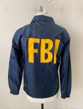Mens, Fire/Police Jacket, First Class, Navy Blue, Nylon, Solid, Small, Button Front, Snap Buttons, Squib Holes Center on Both Sides of Inside Jacket, FBI on Back and Left Chest in Yellow