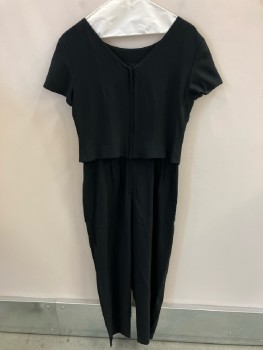 LIZ CLAIBORNE, Black, Triacetate, Polyester, Solid, Crepe, S/S, Round NecK Front/VN Back,  Waist Cropped Top With Gold Metal "X" Near CF Hem, Double Pleated Pant, Appears To Be A Two Piece, CB Zip