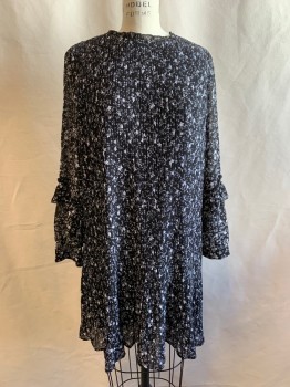 Womens, Dress, Long & 3/4 Sleeve, ZARA, Black, White, Polyester, Floral, S, Small Accordion Pleats, Ruffle Neck, Long Sleeves, with Button Cuff, Ruffle Attached at Elbow, Keyhole Back Neck