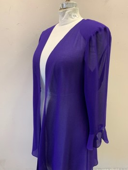 Womens, Dress, Piece 2, N/L, Purple, Polyester, Solid, Sheer Chiffon Jacket, 3/4 Sleeves, Padded Shoulders, Open at Center Front with No Closures