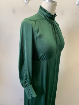 Womens, Dress, Long & 3/4 Sleeve, ZARA, Forest Green, Polyester, Solid, L, Charmeuse, High Neckline with Self Ruffles, Gathered at Front Neck and Shoulders, High Waist Seam, Bias Cut, Tiny Fabric Buttons and Loops at Cuffs, Hem Mid-calf,  Invisible Zipper at Side