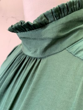 Womens, Dress, Long & 3/4 Sleeve, ZARA, Forest Green, Polyester, Solid, L, Charmeuse, High Neckline with Self Ruffles, Gathered at Front Neck and Shoulders, High Waist Seam, Bias Cut, Tiny Fabric Buttons and Loops at Cuffs, Hem Mid-calf,  Invisible Zipper at Side