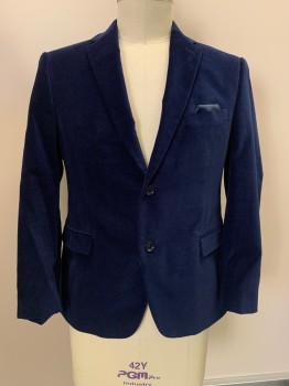 Mens, Sportcoat/Blazer, ALFANI, Indigo Blue, Cotton, Polyester, Solid, 42S, 3 Buttons, Single Breasted, Notched Lapel, 3 Pockets, Velvet Texture, Sewn On Pocketsquare