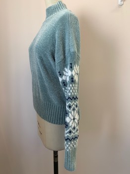 Womens, Pullover, CHRISTIAN SIRIANO, Ice Blue, Navy Blue, White, Polyester, B34, XS, L/S, Mock Neck, Knit, Floral Pattern On Sleeves,