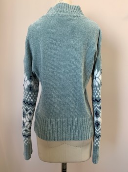 Womens, Pullover Sweater, CHRISTIAN SIRIANO, Ice Blue, Navy Blue, White, Polyester, B34, XS, L/S, Mock Neck, Knit, Floral Pattern On Sleeves,