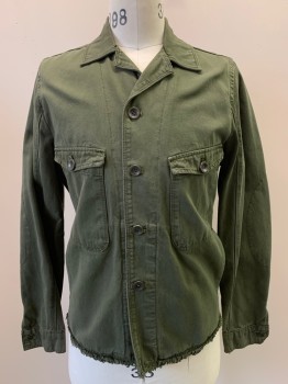 Mens, Casual Jacket, ZARA, Olive Green, Cotton, Solid, M, L/S, Button Front, Collar Attached, Chest Pockets, Distressed Trim