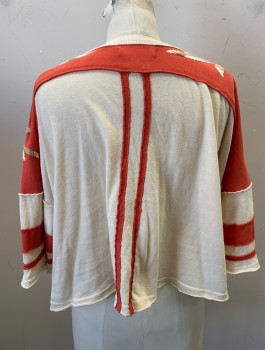 Womens, Top, WE THE FREE, Ecru, Red-Orange, Beige, Cotton, Color Blocking, Leaves/Vines , S, Athletic Inspired Varsity Tee, Shoulders are Reddish Orange, Hem is Ecru with Contrasting Stripes at Sleeves, Fabric "5" at Chest, Jersey, Leaf Embroidery at Shoulders, Boxy Cropped Fit, Worn/Aged Slightly