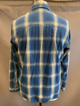 RALPH LAUREN RRL, Navy Blue, Ecru, Cotton, Plaid - Tattersall, Long Sleeves, Button Front, Collar Attached, Unusual Seams at Under Arms, 1 Patch Pocket, Retro