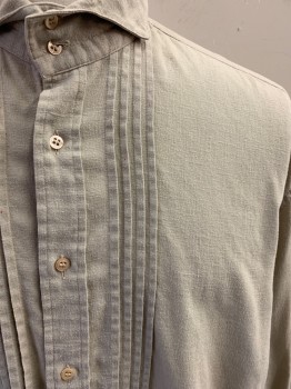 Mens, Historical Fiction Shirt, TIRELLI, Mushroom-Gray, Linen, Solid, S36, N16.5, Smock, Button Front, 8  Buttons, Front Pleats, Roll Collar, Back Pleats, Sleeve Pleats, Button Cuffs ** Some Buttons Broken