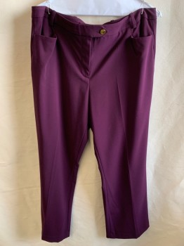 Womens, Slacks, CALVIN KLEIN, Wine Red, Polyester, Spandex, Solid, 14, F.F, Zip Front, Extended Waistband, Gold Button Closure, 3 Pockets, Modern Fit