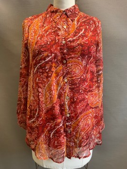 Womens, Blouse, SOFT SURROUNDINGS, Red, Dk Red, Orange, Off White, Polyester, Viscose, Abstract , M, L/S, Button Front, Collar Attached, Sheer Sleeves