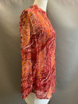 SOFT SURROUNDINGS, Red, Dk Red, Orange, Off White, Polyester, Viscose, Abstract , L/S, Button Front, Collar Attached, Sheer Sleeves
