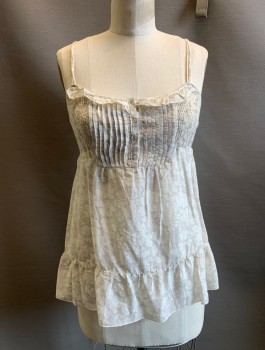 Womens, Top, ZARA, Beige, Cotton, Floral, S, Spaghetti Straps, Ruffle Bust, 4 Buttons,