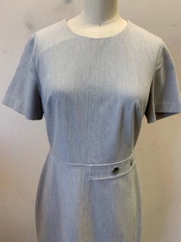 Womens, Dress, Short Sleeve, BANANA REPUBLIC, Lt Gray, White, Polyester, Rayon, 2 Color Weave, B 34, 4, W 28, Round Neck,  Faux Belt With Silver Buttons, Zip Back, Hem Below Knee