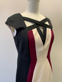 Womens, Dress, Short Sleeve, JAX, Black, Beige, Purple, Polyester, Spandex, Color Blocking, Sz.14, Cap Sleeves, Vertical Panels of Black, Beige and Purple, Square Neck with X Crossed Straps, Peek-a-boo Hole at Center Front, Fitted, Knee Length, Exposed Rose Gold Zipper in Back