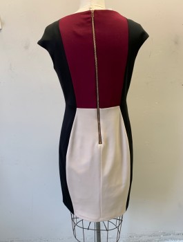Womens, Dress, Short Sleeve, JAX, Black, Beige, Purple, Polyester, Spandex, Color Blocking, Sz.14, Cap Sleeves, Vertical Panels of Black, Beige and Purple, Square Neck with X Crossed Straps, Peek-a-boo Hole at Center Front, Fitted, Knee Length, Exposed Rose Gold Zipper in Back