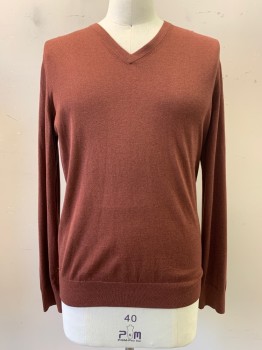 Mens, Pullover Sweater, BANANA REPUBLIC, Rust Orange, Silk, Cotton, Solid, L, L/S, V Neck,