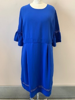 JESSICA LONDON, Royal Blue, Polyester, Solid, Long Bell Sleeves, Crochet Detail, Scoop Neck, Pleated, Back Zip,