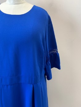JESSICA LONDON, Royal Blue, Polyester, Solid, Long Bell Sleeves, Crochet Detail, Scoop Neck, Pleated, Back Zip,