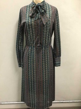 JERRIE LURIE, Brown, Tan Brown, Black, Turquoise Blue, Green, Polyester, Stripes - Vertical , Floral, Stripes With Tiny Flowers, Long Sleeves, 4 Button Placket, Band Collar W/Self Ties At Neck, Elastic Waist, Hem Below Knee,