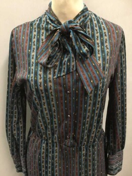 JERRIE LURIE, Brown, Tan Brown, Black, Turquoise Blue, Green, Polyester, Stripes - Vertical , Floral, Stripes With Tiny Flowers, Long Sleeves, 4 Button Placket, Band Collar W/Self Ties At Neck, Elastic Waist, Hem Below Knee,