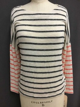 Womens, Top, VINTAGE HAVANA, Cream, Black, Coral Orange, Poly/Cotton, Stripes - Horizontal , Small, Long Sleeves, Wide Neck, Dropped Shoulder, Cream With Black Horizontal Stripes On Body And Coral Horizontal Stripes On Sleeves