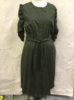 Womens, Dress, Short Sleeve, WHO WHAT WEAR, Olive Green, Cotton, Spandex, Solid, XXL, Button Front, Round Neck,  Elastic Rouched 3/4 Sleeves, Belt Loops, Tie Belt