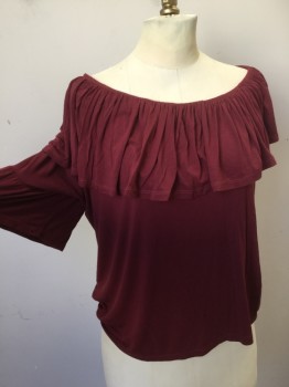 PAIGE, Maroon Red, Rayon, Spandex, Solid, Maroon, Elastic Wide Neck with 5" Ruffle, Short Sleeves on Right Side Only,