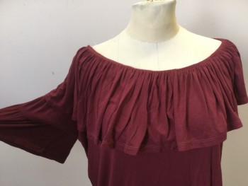 PAIGE, Maroon Red, Rayon, Spandex, Solid, Maroon, Elastic Wide Neck with 5" Ruffle, Short Sleeves on Right Side Only,